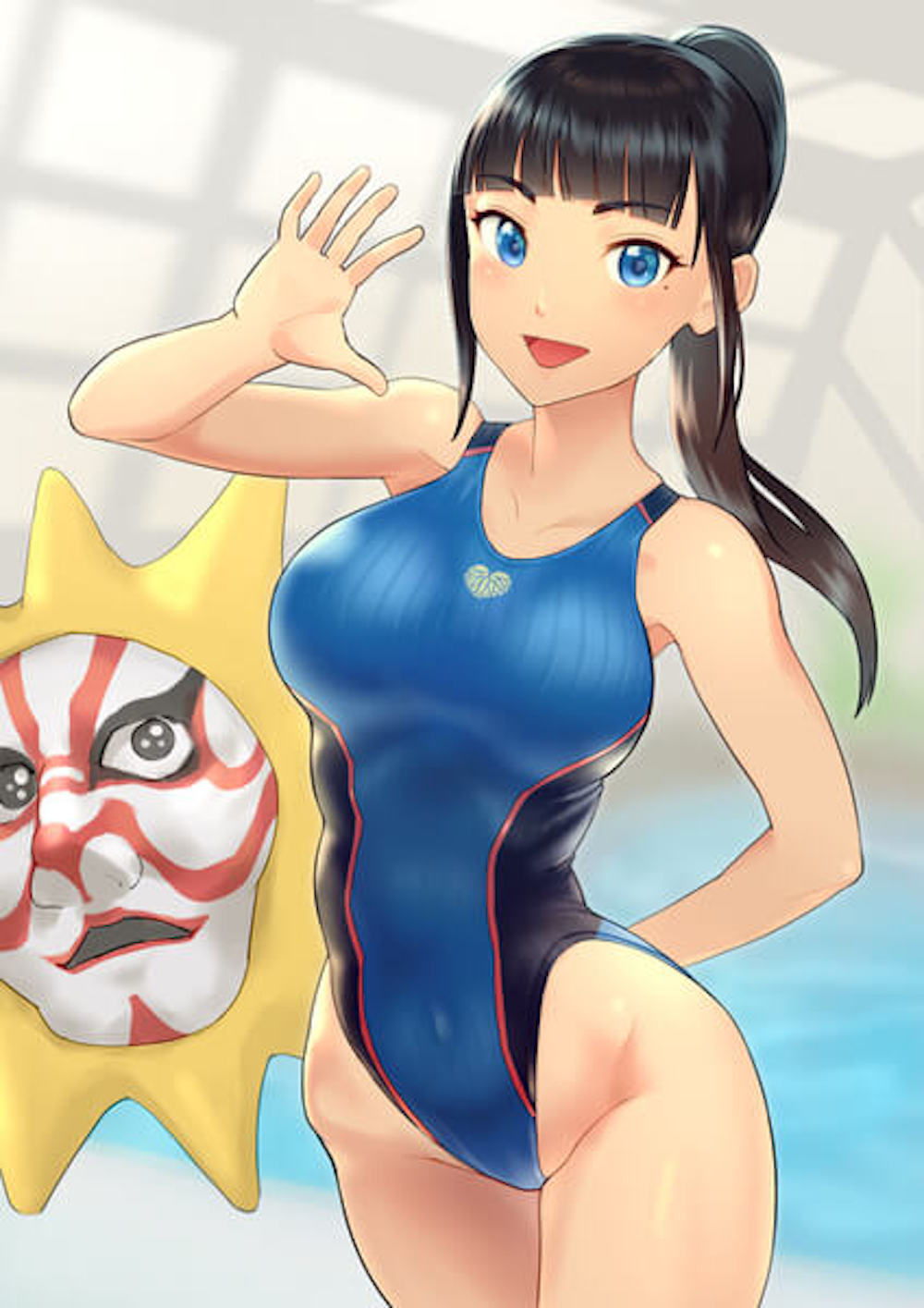 富士葵が競泳水着を着てポーズこちらに微笑んでいる